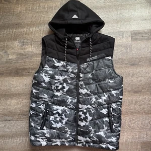Ecko Unltd gefütterte Weste Herren Medium schwarz grau Tarnmuster Hoodie Streetwear Hip Hop LG - Bild 1 von 14