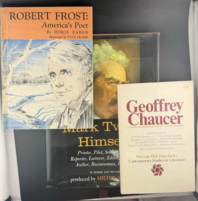 Lot of 3 Vintage Literary Biographies – Mark Twain, Robert Frost, Geoffrey Chauc Foto 1 de 4