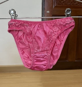 Deep Pink Slippery Nylon Vintage Panty Sz.5-6 Sheer Lace Sissy Hi Cut Bikini - Picture 1 of 19