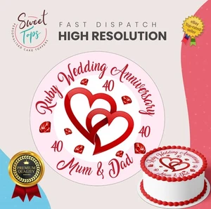 Ruby Wedding Anniversary Personalised Round Edible Cake Topper Cake Decoration - Picture 1 of 6