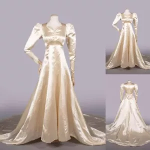 Vintage Victorian Satin Wedding Dresses Champagne Puffy Long Sleeve Bridal Gowns - Picture 1 of 9