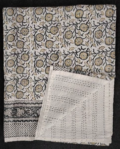 King Size Floral Bedspread Cotton Kantha Quilt Hand Block Indian Handmade Throw - Picture 1 of 22