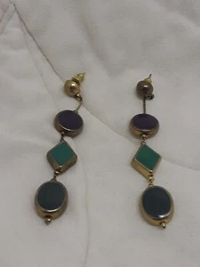 Vintage Purple Green Enamel Triangle Circle Dangle Drop Earrings Gold Tone Boho - Picture 1 of 5