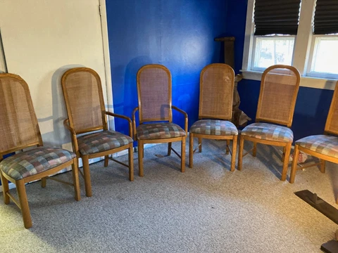 Set of 6  Wicker Back Blond Finish, Pastel Upholstery Dining Room Chairs Cover