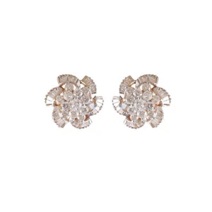 Pave 1.40 Cts Round Baguette Cut Natural Diamonds Stud Earrings In 585 14K Gold - Picture 1 of 3