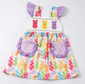 NEW Boutique Peeps Easter Bunny Rabbit Girls Smocked Embroidered Dress - Picture 1 of 11