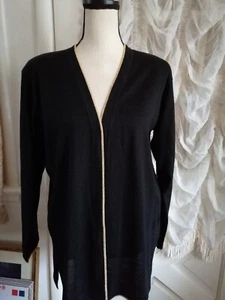 Vintage Black Cardigan V Neck Open Front Gold Trim Wool Blend New Women M - Picture 1 of 4