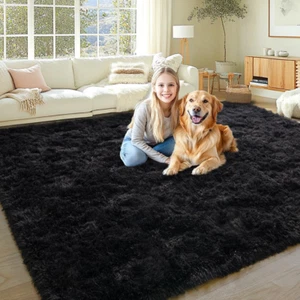 8X10 Area Rugs for Living Room, Soft Plush Fluffy Shaggy Fuzzy Furry Large Black - Picture 1 of 12