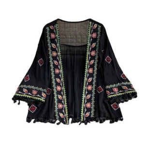 Womens Ethnic Embroidery Blouse Kimono Coat Tops Boho Floral Tassel Casual - Picture 1 of 18