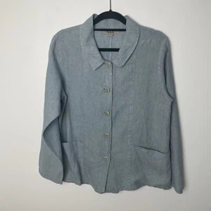 FLAX Pure Linen Jacket Blazer Small Blue Pockets Collar Button Up Lagenlook Boho - Picture 1 of 10