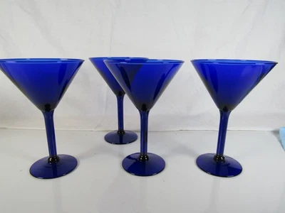 Pretty Cobalt Blue Martini Glasses Set of Four 6 7/8" Tall Stem Barware Cocktail - Image 1 of 4
