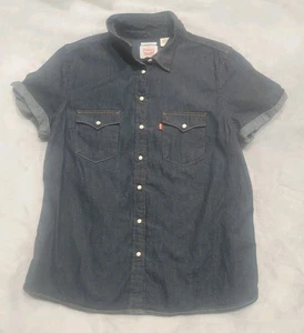 Levi's Women's Dark Blue Denim Short Sleeve Pearl Snap Western Shirt Size L - Picture 1 of 5