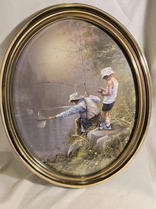 Homco Syroco Stampa Cornice Ovale Oro Uomo e Ragazzo Pesca 1985 22”x 18” Padre Figlio - Foto 1 di 9