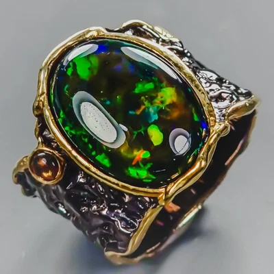 6 ct Stunning fire Natural Black Opal Ring 925 Sterling Silver Size 8 /R438861 - Image 1 of 4