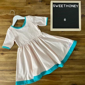 SweetHoney Short Sleeve Flair Knit Dress Petal Drops Pink Green Twirl Girls 6 - Picture 1 of 7