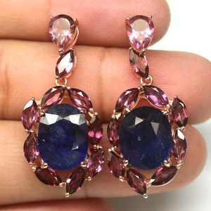 925 Silver 11 x 14 mm. Blue Sapphire & Rhodolite & Topaz Jewelry Earrings - Picture 1 of 4
