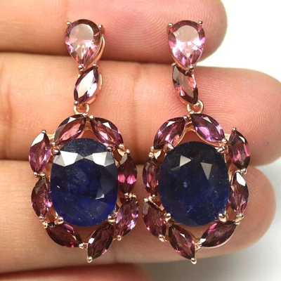 925 Silver 11 x 14 mm. Blue Sapphire & Rhodolite & Topaz Jewelry Earrings - Image 1 of 4