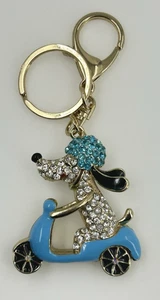 Rhinestone POODLE Puppy Dog Riding Scooter Blue Enamel Keychain Keyring Fob - Picture 1 of 4