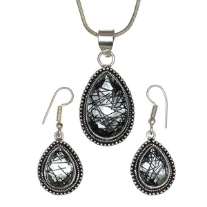 Black Rutile Set  Pendant  Jewelry Earring 18-20'' Gemstone Handmade - Picture 1 of 12
