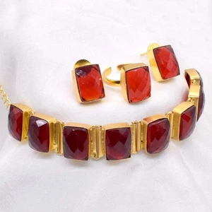 Anello collana orecchini donna oro quarzo granato rosso set gioielli I745 - Foto 1 di 4