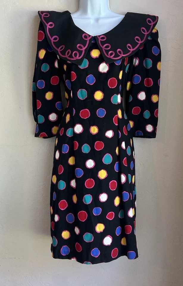 复古 20 世纪 80 年代 Sabino 连衣裙 7 8 超大领复古 Glam 全新 Wave 五颜六色 — 第 1/4 张图片