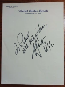 Jacob Javits Autograph ~ Signed & Inscribed note on U.S. Senate Stationary - Picture 1 of 2