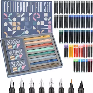 Calligraphy Pen Set 74Pcs- 8 Fountain Pens Varied Nibs 66 Ink Cartridges 14 - Picture 1 of 1
