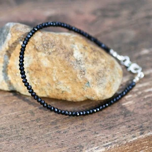 Diamond Look Natural Black Spinel Stacking Bracelet Solid Sterling Silver 925 - Picture 1 of 7