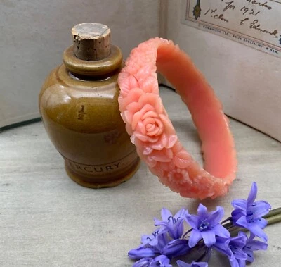Antique Art Deco Floral Carved Celluloid Bangle Salmon Pink Bracelet Vintage - Image 1 of 4