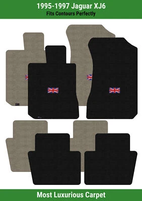 Lloyd Luxe Front & Rear Carpet Mats for '95-97 Jaguar XJ6 w/British Flag Logo - Image 1 of 4