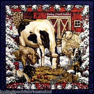 2 PANELS CHRISTMAS ANIMALS BARN COW SHEEP PIG CHICKEN FABRIC PANELS 15" EACH - Picture 1 of 3