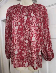 Tucker Silk Abstract Print Blouse Top Balloon Sleeve Smocked Neckline Size P - Picture 1 of 16