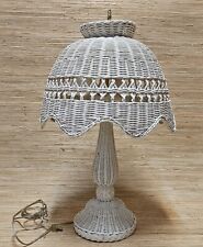 Vintage WHITE WICKER TABLE LAMP with Shade Mushroom Shape WORKS Nice 16x26"