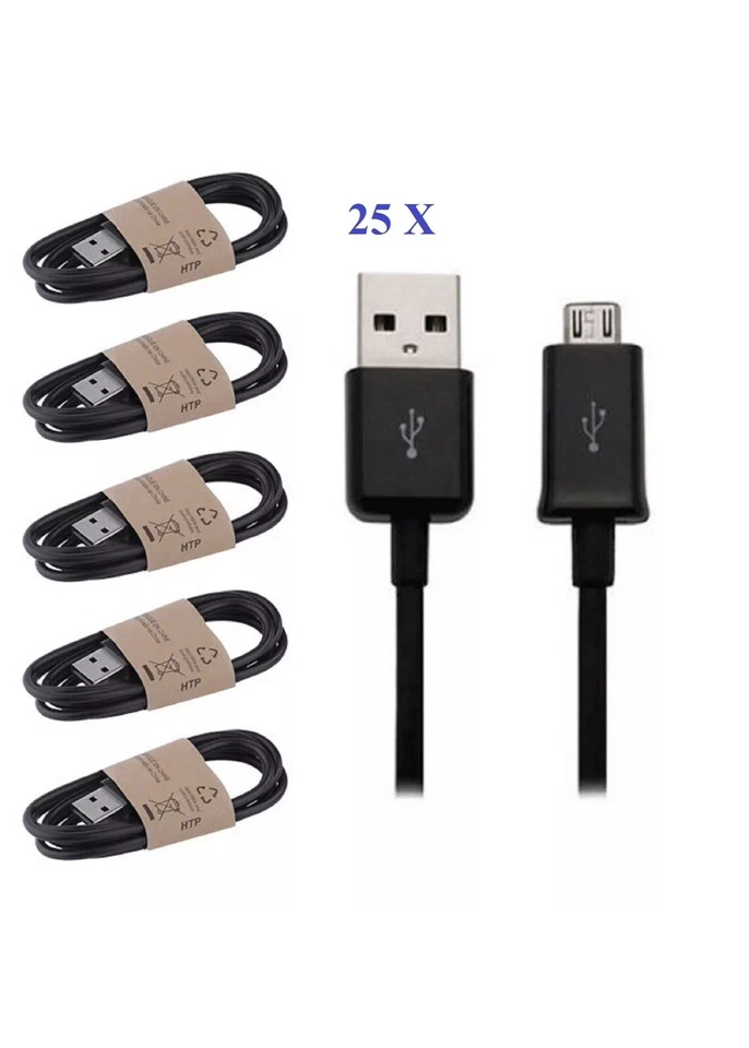 25 x Black USB Micro Sync Cable Charger For Samsung Galaxy S7 S7 Edge S6  - Image 1 of 1