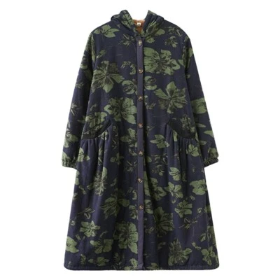 Lady Ethnic Floral Hooded Jacket Loose Thick Fleece Lined Maxi Parka Coat Soft - Image 1 of 4
