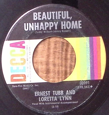 ERNEST TUBB & LORETTA LYNN BEAUTIFUL, UNHAPPY HOME/SWEET THANG VINYL 45 54-97 - Image 1 of 3