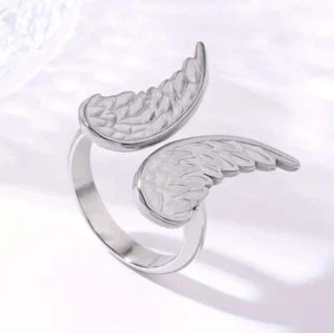 Silver Angel Wing Stainless Steel Open Ring Protection Divine Guidance Gift - Picture 1 of 3