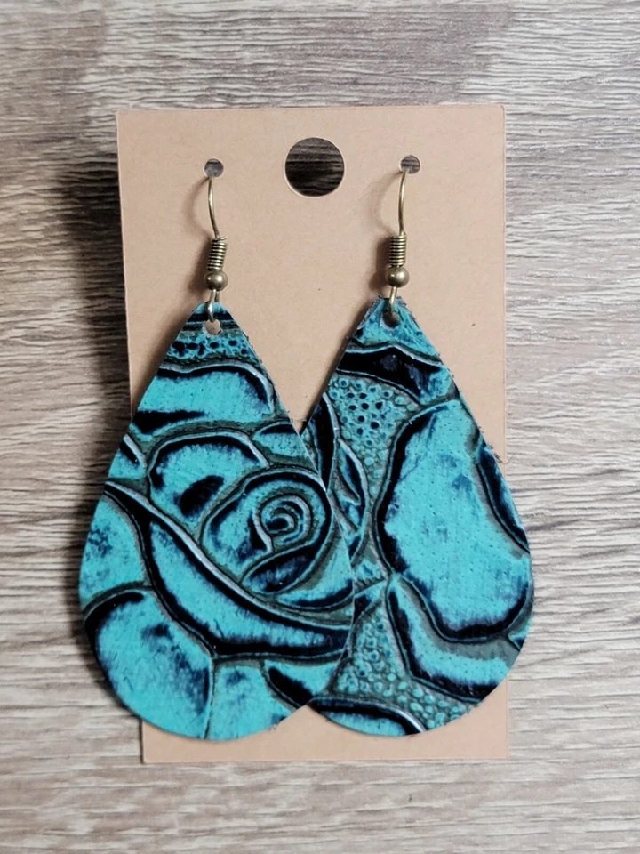 Pendientes lágrima de cuero GENUINO turquesa cuero tooled occidental Foto 1 de 1