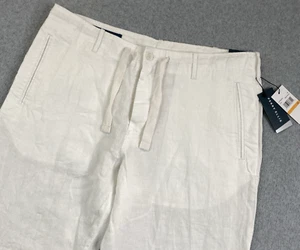 NEW Perry Ellis Pants Men 33 36x31 100% Linen Button Fly Drawstring Bright White - Picture 1 of 19