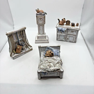 Vtg Rosenthal Netter CAT Whimsical Set Of 4 Figurine Ceramic Clay POTTERY Clock - Image 1 of 4