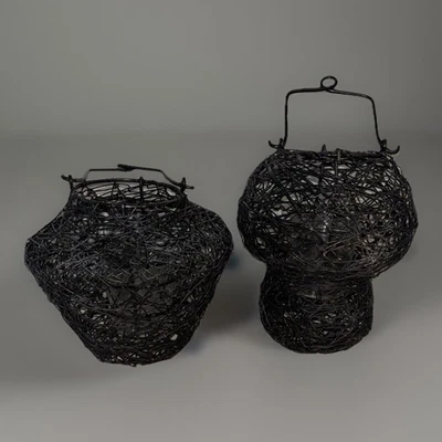 Outdoor Hanging Candle Sconces Tealight Woven Wire Black Metal Pair(2) Preowned - Image 1 of 4
