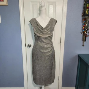 NWOT Connected Apparel Women 10 Silver Metallic Cowl Neck Dress Holiday - Picture 1 of 7