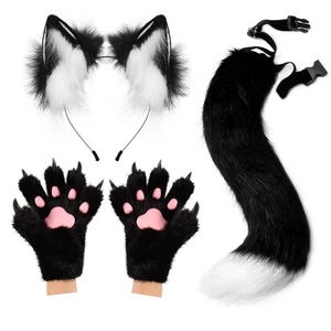 Fuchs Wolf Ohren Stirnband Fellschwanz Plüsch Katze Pfote Fäustlinge Handschuhe Set Halloween... - Bild 1 von 5
