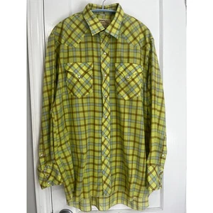 Vintage 70’s Bronco Lime Green Brown Plaid Button Up Blouse Western Shirt Large  - Picture 1 of 6