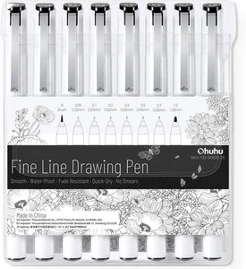 Ohuhu Fineliner Stifte Micro Zeichenstifte 8 Größen Spitzen ultrafein, feiner Pinsel - Bild 1 von 9
