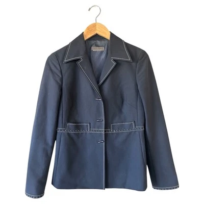 Vintage ALBERTA FERRETTI Navy Cotton Blazer 6/8 Medium Stitching Detail Italian - Image 1 of 4
