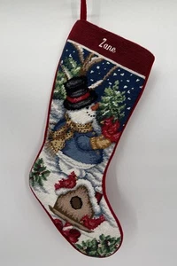 VTG Needlepoint 100% Wool Christmas Stocking Snowman & Birds Personalized ZANE - Picture 1 of 8