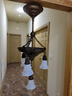 Victorian Hammered Brass Gas Electrified Chandelier 4 Light Fixture Lion Heads - Image 1 of 4