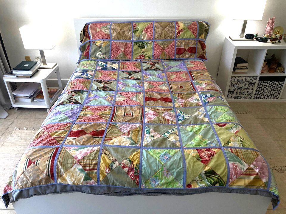 VTG Handmade Patchwork Silk Crazy Quilt Queen Size Duvet 86" x 80" - Image 1 of 4