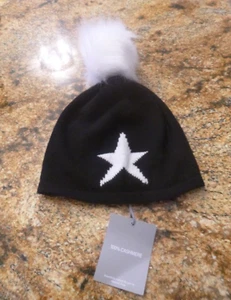 Hannah Rose NWT 100% Cashmere Black Hat with White Star and Furry Pom Pom - $99 - Picture 1 of 8